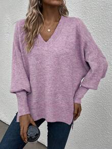 SHEIN LUNE Batwing Sleeve Button Detail Split Hem Sweater - Purple - View 4