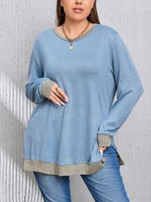 SHEIN LUNE Plus Contrast Trim Split Hem Sweatshirt - Blue - View 6