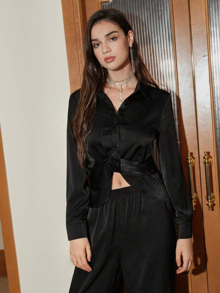 Solid Button Front Shirt & Wide Leg Pants