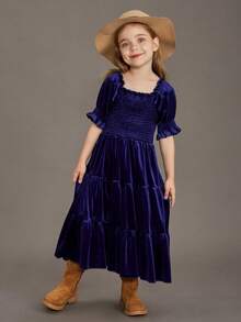 Tween Girl Square Neck Puff Sleeve Ruffle Hem Velvet Dress - Royal Blue - View 3