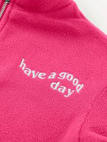SHEIN Young Girl Letter Embroidery Half Zip Kangaroo Pocket Sweatshirt - Hot Pink - View 5