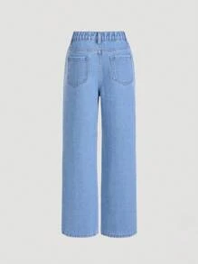 Girl's Casual Pink Heart Print All-Match Loose Fit Straight Leg Jeans Pants, Versatile For All Seasons - Medium Wash - View 2