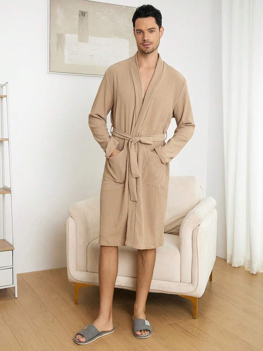 男士素色雙口袋腰帶休閒服睡袍 - 卡其色 - 查看 1