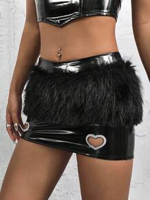 SHEIN ICON 毛茸邊心鏤空PU皮革半身裙 - 黑色 - 查看 4