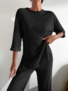 Cloudara Camiseta de hombros caídos con pantalones - Negro - Ver 5