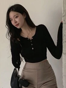 DAZY Solid Button Front Crop Tee Long Sleeve Women Tops,Fall Women Clothes