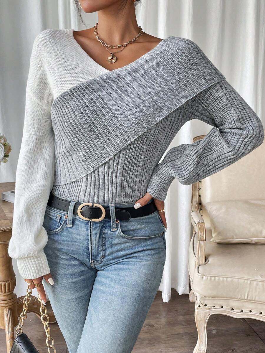 Chiquease 双色交叉落肩针织套头衫秋冬毛衣 - 彩色 - 查看 1