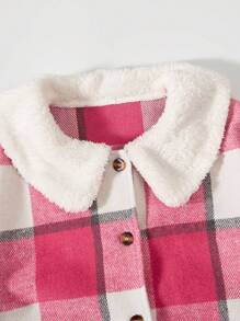 青少年女孩1入組格紋印花羊絨領口外套 - 玫紅色 - 查看 7