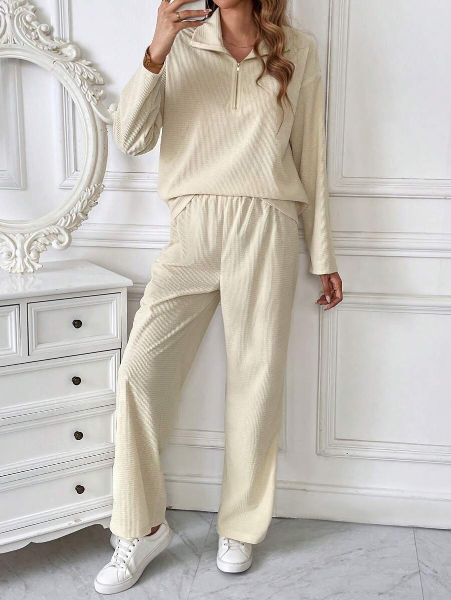 Chiquease Half Zip Drop Shoulder Tee & Pants - Apricot - View 1