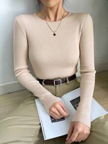 DAZY Ribbed Knit Round Neck Jumper - Apricot - View 9