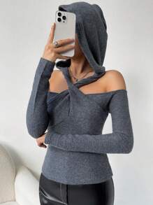 SHEIN Privé Mặt trước xoắn Halter Neck Vai lạnh áo có mũ Áo thun - Xám - Xem 1