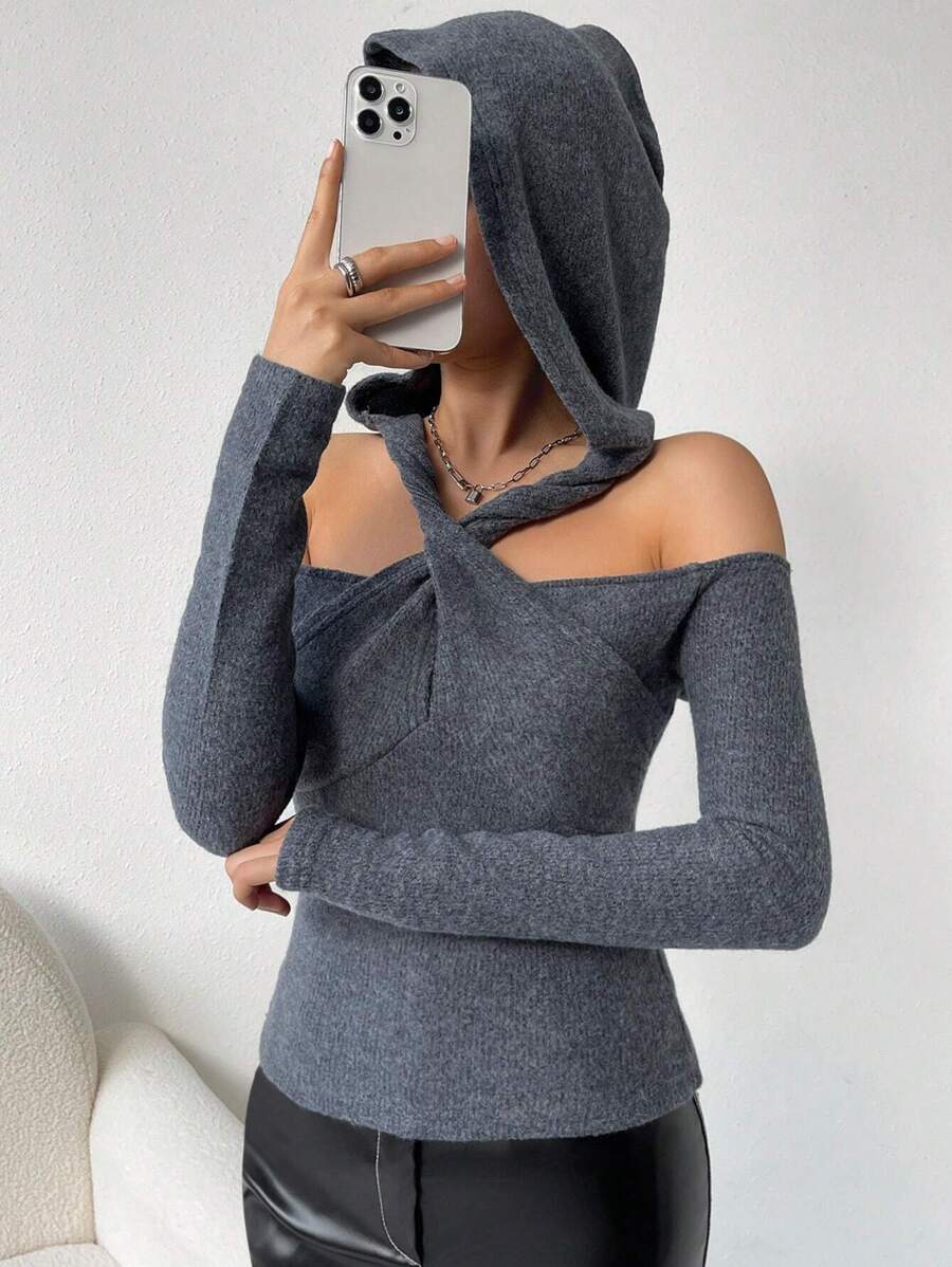 SHEIN Privé Mặt trước xoắn Halter Neck Vai lạnh áo có mũ Áo thun - Xám - Xem 1