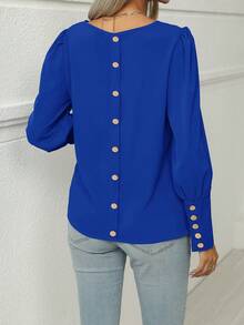 Blusa Lisa Con Mangas Abullonadas - Azul Marino - Ver 2