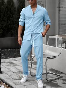 Manfinity 男士素色前排扣襯衫&腰部抽繩長褲 - 藍色 - 查看 7