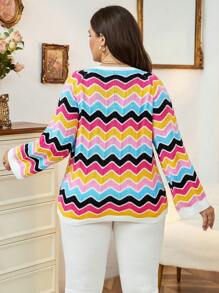Calvaya Plus Chevron Pattern Raglan Sleeve Cardigan - Multicolor - View 2