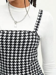 SHEIN EZwear Ribbed Knit Tee & Houndstooth Cami Dress - Black and White - View 6