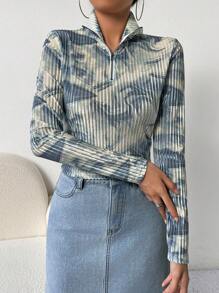 SHEIN Essnce Tie Dye Half Zip Tee - Multicolor - View 5