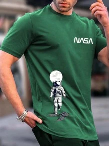 Manfinity Homme 男士字母&宇航員印花T恤 - 墨綠色 - 查看 1