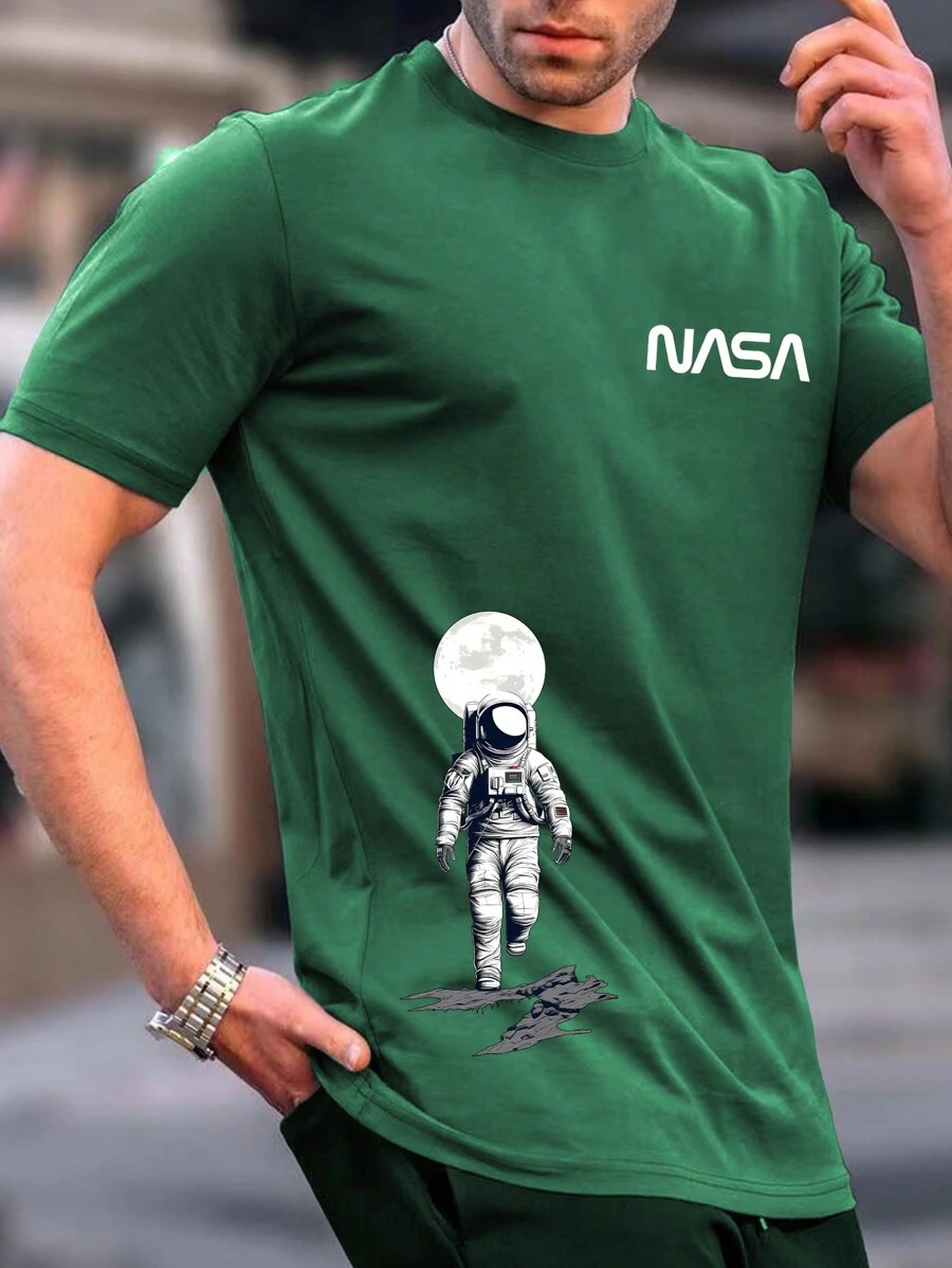 Manfinity Homme 男士字母&宇航員印花T恤 - 墨綠色 - 查看 1