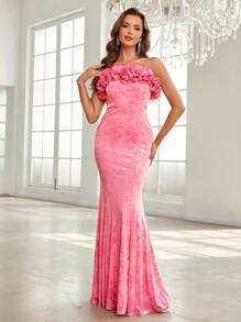 SHEIN Belle Women's Exaggerated Strapless Velvet Burnout Ruffle Tiered Mermaid Evening Dress - Pink - View 5