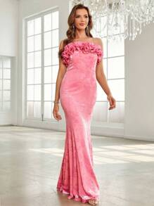 SHEIN Belle Women's Exaggerated Strapless Velvet Burnout Ruffle Tiered Mermaid Evening Dress - Pink - View 6