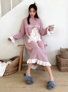 DAZY Cartoon & Đồ họa chữ cái tay áo lá sen Xù Hoa Sen Đầm giản dị - Hồng - Xem 1