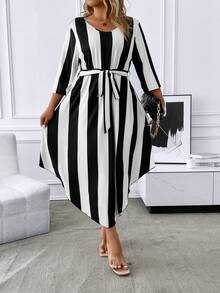 SHEIN LUNE Hơn In sọc Váy có thắt lưng - Đen và trắng - Xem 3