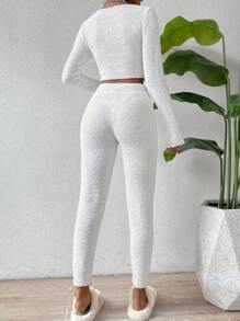 SHEIN Essnce 大圓領短款毛衣&腰部抽繩針織長褲 - 白色 - 查看 2