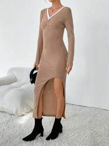 SHEIN Essnce Viền tương phản Xù Viền không đối xứng Đầm - Màu Khaki - Xem 4