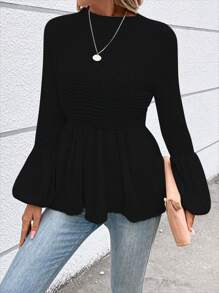 SHEIN VCAY 素色燈籠袖荷葉邊下擺套頭毛衣 - 黑色 - 查看 6