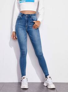 SHEIN Essnce Zipper Fly Skinny Jeans - Light Wash - View 1