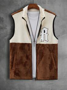 Manfinity Men Letter Graphic Colorblock Contrast Binding Fleece Vest Coat Without Tee - Multicolor - View 1