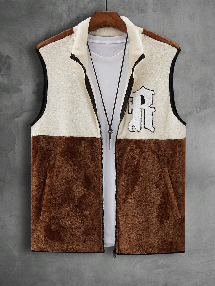 Manfinity Men Letter Graphic Colorblock Contrast Binding Fleece Vest Coat Without Tee - Multicolor - View 1