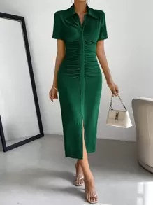 SHEIN Essnce Ruched Button Through Bodycon Dress - Dark Green - View 6