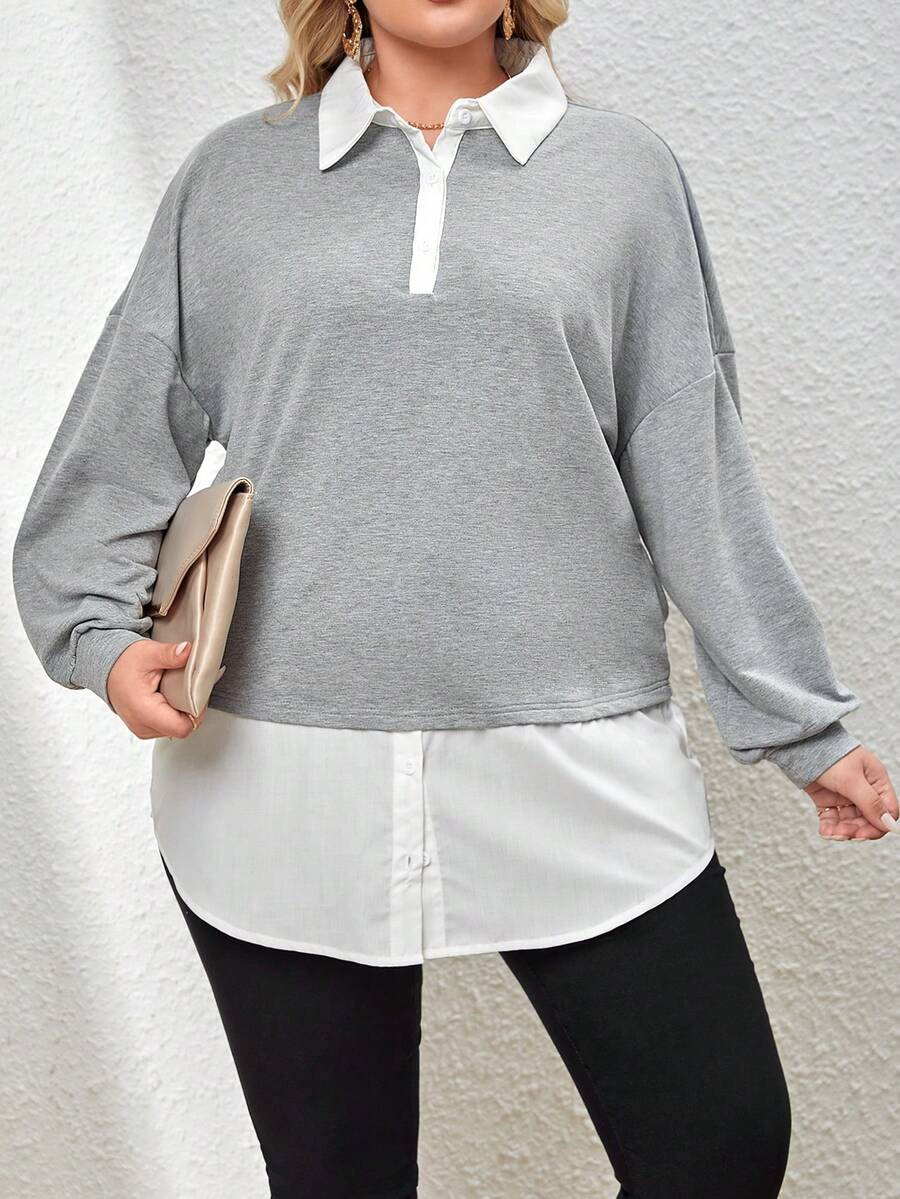 SHEIN Essnce Plus Two Tone Drop Shoulder 2 In 1 Sweatshirt - Light Grey - View 1