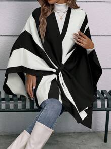 EMERY ROSE Two Tone Cloak Sleeve Asymmetrical Hem Cape Cardigan,Three Quarter Sleeve Tops - Black - View 4