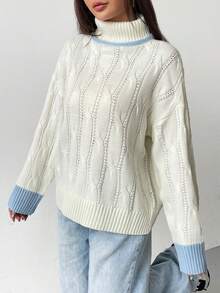 SHEIN EZwear Colorblock Cable Knit High Neck Sweater - White - View 4