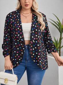 SHEIN LUNE Hơn Toàn thân In hình trái tim Khăn quàng Tay áo có gãy Mở Mặt trước Áo vest - màu đen - Xem 1