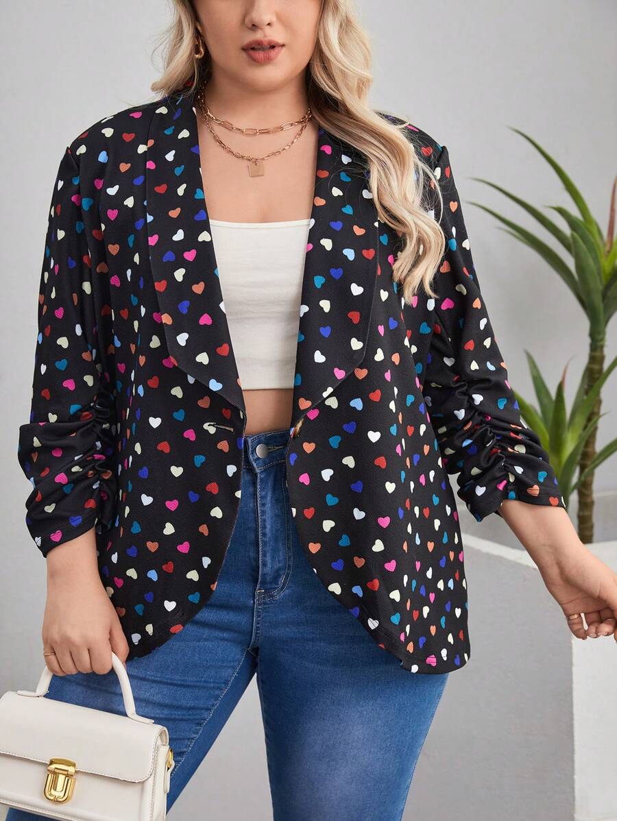 SHEIN LUNE Hơn Toàn thân In hình trái tim Khăn quàng Tay áo có gãy Mở Mặt trước Áo vest - màu đen - Xem 1