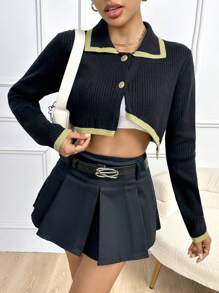 SHEIN Unity Contrast Trim Crop Cardigan - Black - View 4