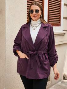 EMERY ROSE Plus Lapel Neck Belted Coat - Purple - View 3