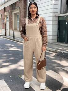 Flirla Plus Solid Patch Pocket Cord Overall Jumpsuit Without Shirt - Khaki - View 6