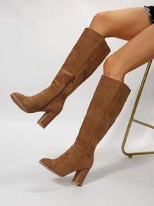 2024 Fall/Winter Plus Size Export Faux Suede Thick Heel Pointed Toe Side Zipper Solid Color Knee-High Riding Boots For Women - Brown - View 5