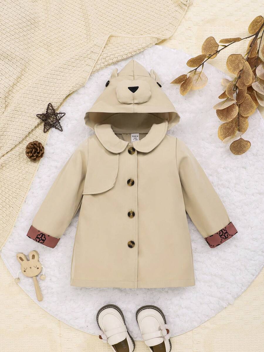 SHEIN Baby Girl Cartoon Embroidery 3D Ears Design Hooded Trench Coat - Apricot - View 1