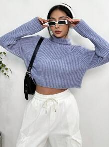 SHEIN Unity Turtleneck Cut Out Wrap Cross Back Raglan Sleeve Sweater Knit Pullover Fall Winter Outfit - Blue - View 3