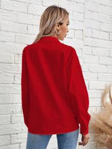 RueChic Chất rắn Nút phía trước Áo sơ mi - Đỏ - Xem 2