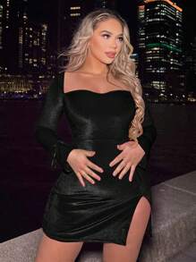 SHEIN SXY Square Neck Flounce Sleeve Split Thigh Bodycon Dress - Black - View 4