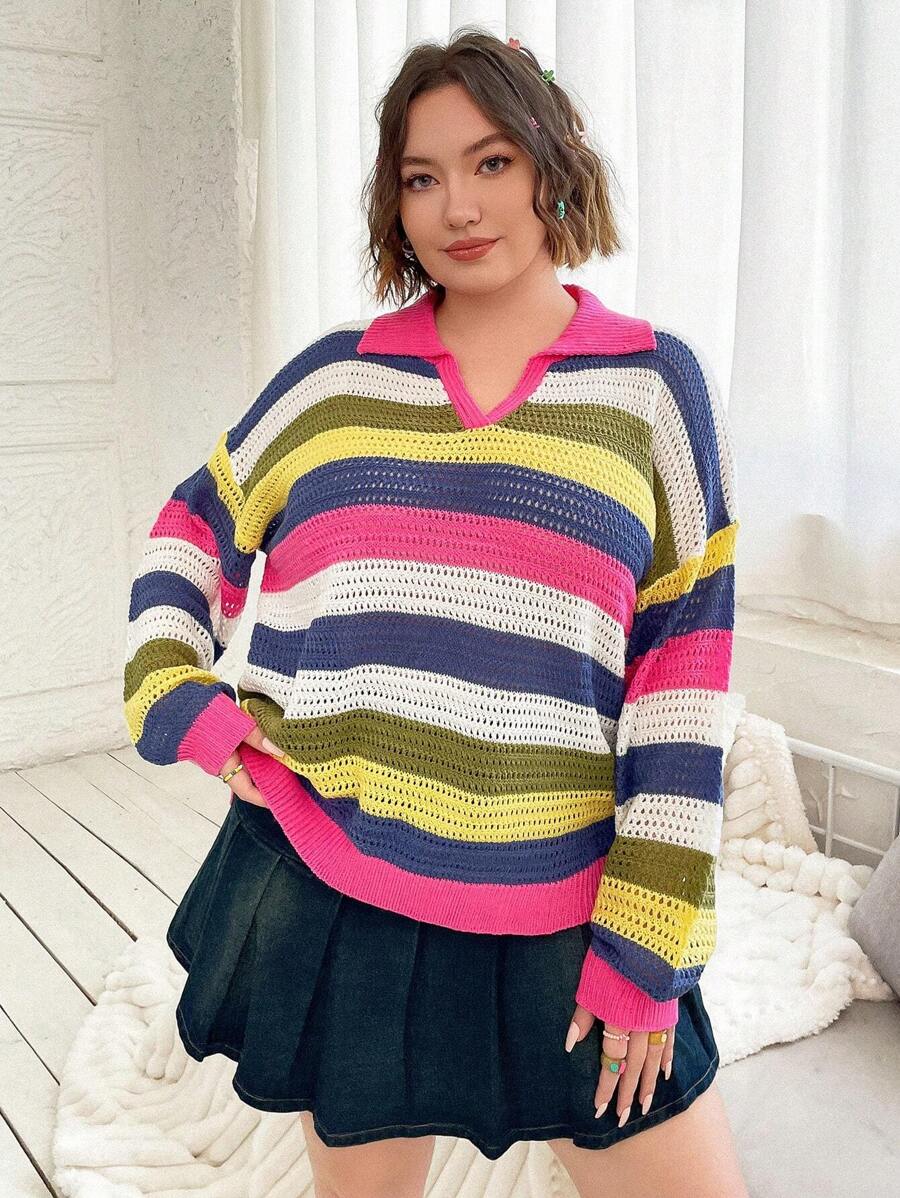 Flirla Plus Striped Colorblock Drop Shoulder Pointelle Knit Sweater Knit Pullover Fall Winter Sweater - Multicolor - View 1
