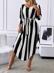 SHEIN LUNE Hơn In sọc Váy có thắt lưng - Đen và trắng - Xem 4