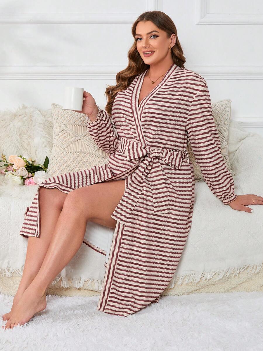 Plus Striped Print Belted Robe - Multicolor - View 1